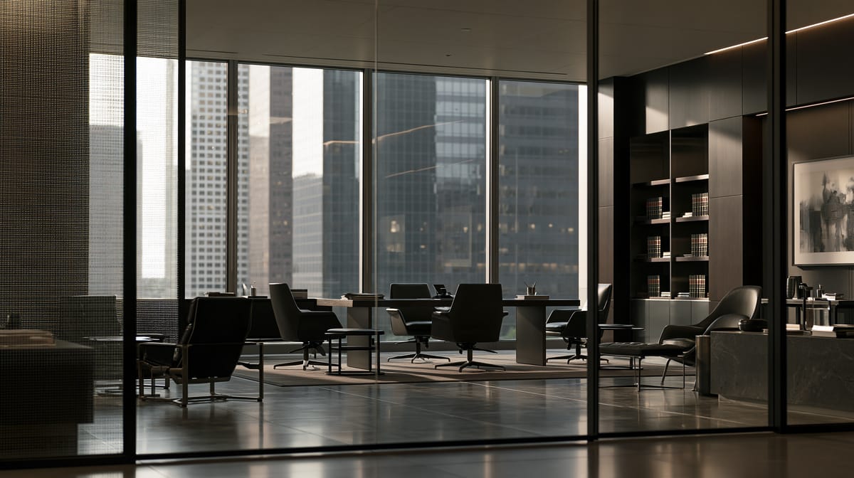 A quiet executive office behind glass, city towers outside the windows